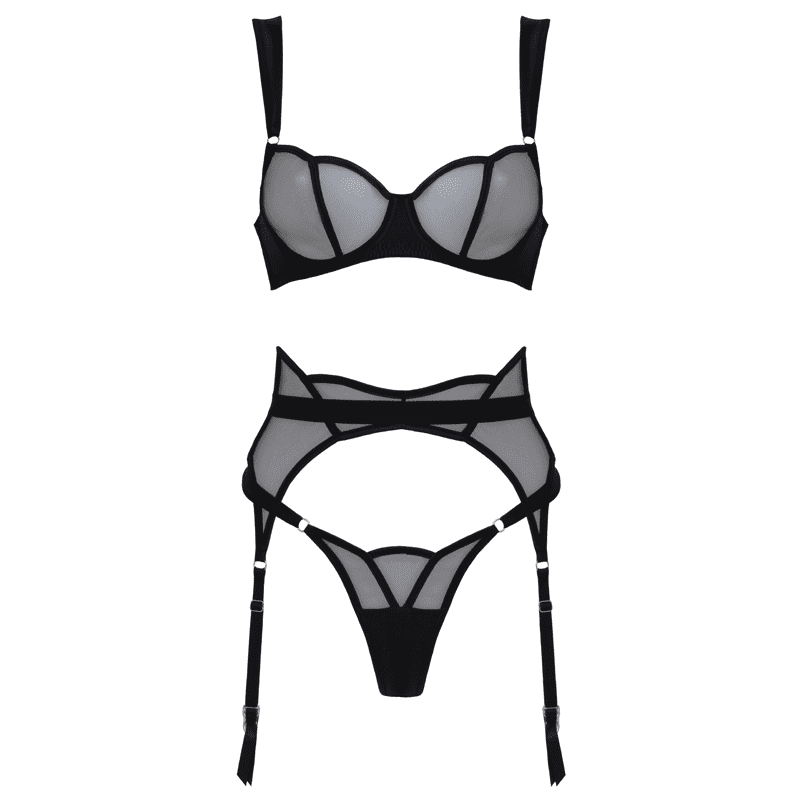 Muse 3 Piece Sheer Mesh And Satin BDSM Lingerie Black with Underwire Support - Black Large - Her Fetish