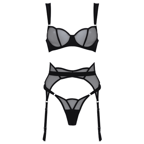 Muse 3 Piece Sheer Mesh And Satin BDSM Lingerie Black with Underwire Support - Her Fetish