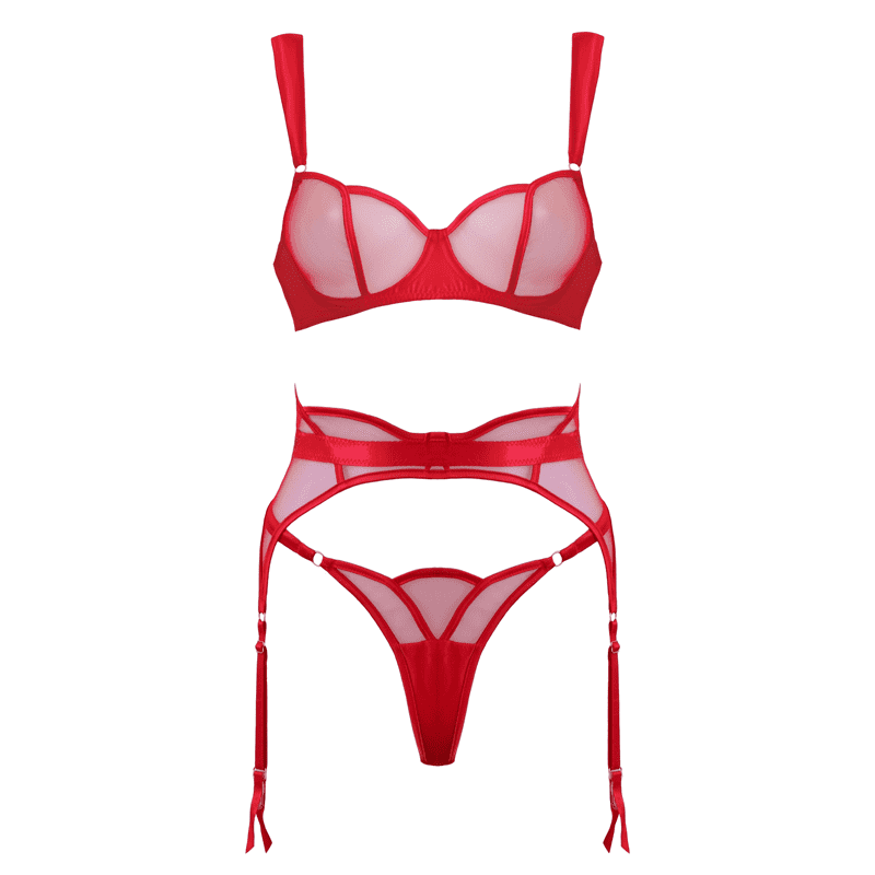 Muse 3 Piece Sheer Mesh BDSM Lingerie Set Red with Underwire Support - Red - Her Fetish