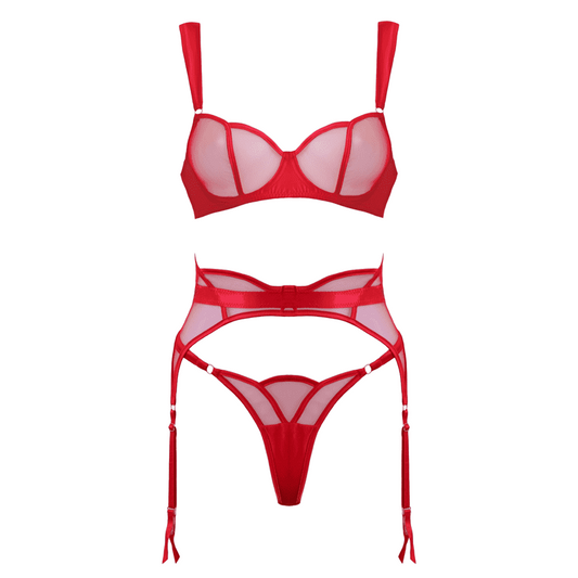 Muse 3 Piece Sheer Mesh BDSM Lingerie Set Red with Underwire Support - Red - Her Fetish
