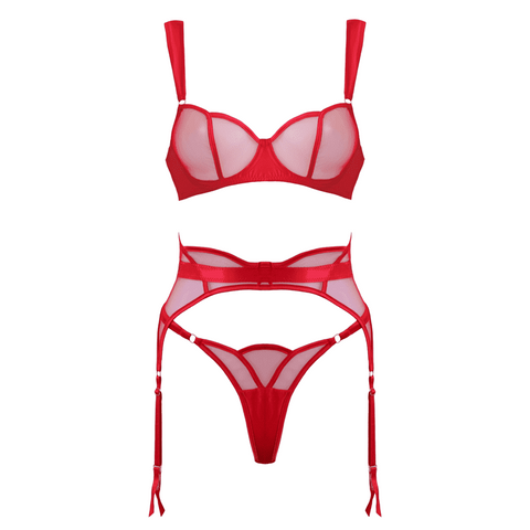 Muse 3 Piece Sheer Mesh BDSM Lingerie Set Red with Underwire Support - Her Fetish