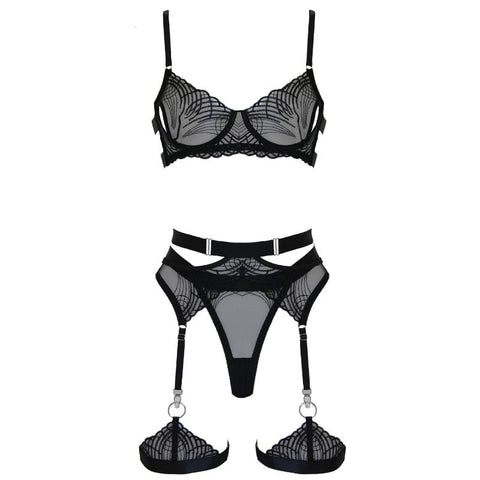 Muse 5 Piece Womens Bondage Lingerie Set Black Art Deco Embroidery - Her Fetish