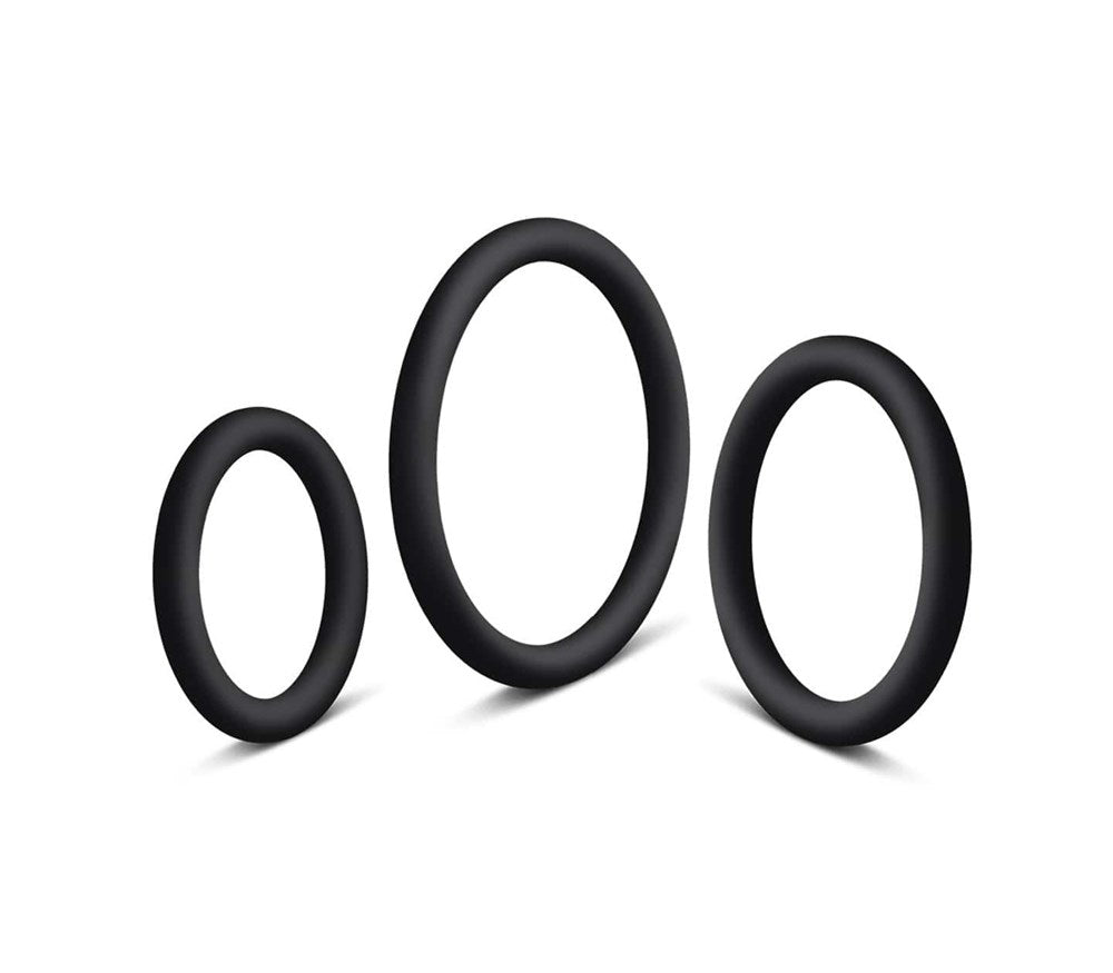 Love In Leather 3 Pack Silicone Cock Rings Set Medical Grade Ring Collection - Black Large - Cock Ring Sets