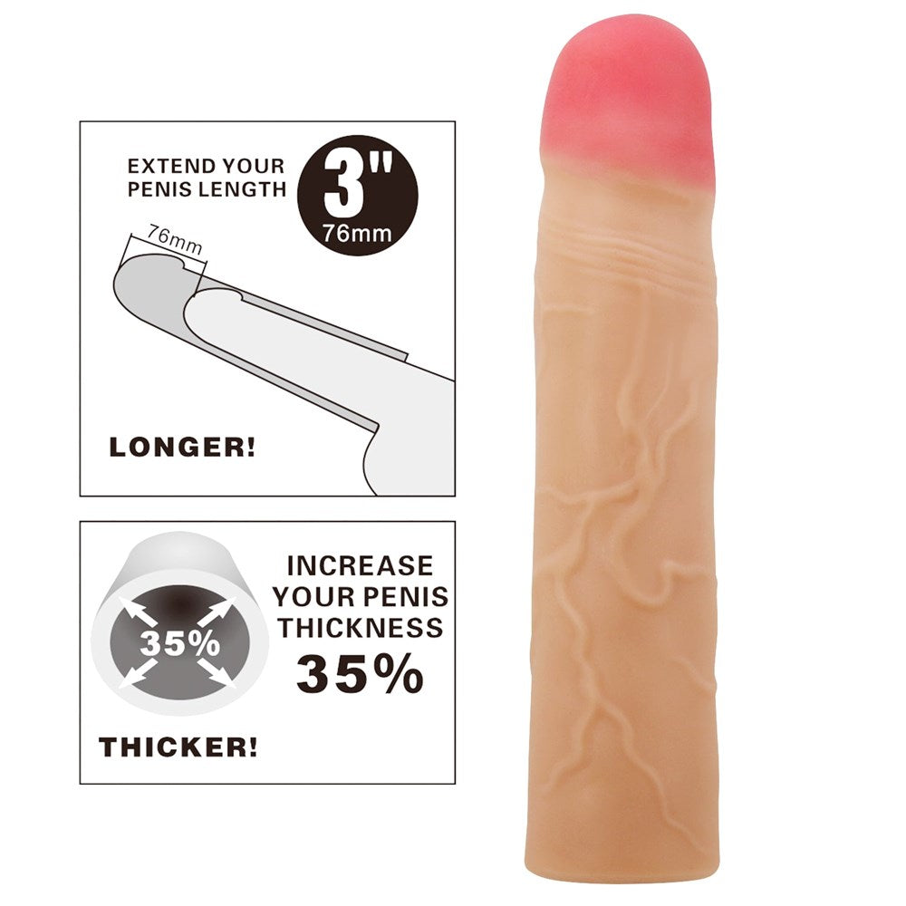Party Up PHILIP 3 Inch Penis Extender Sleeve with Realistic Details - Flesh - Penis Sleeves and Extenders