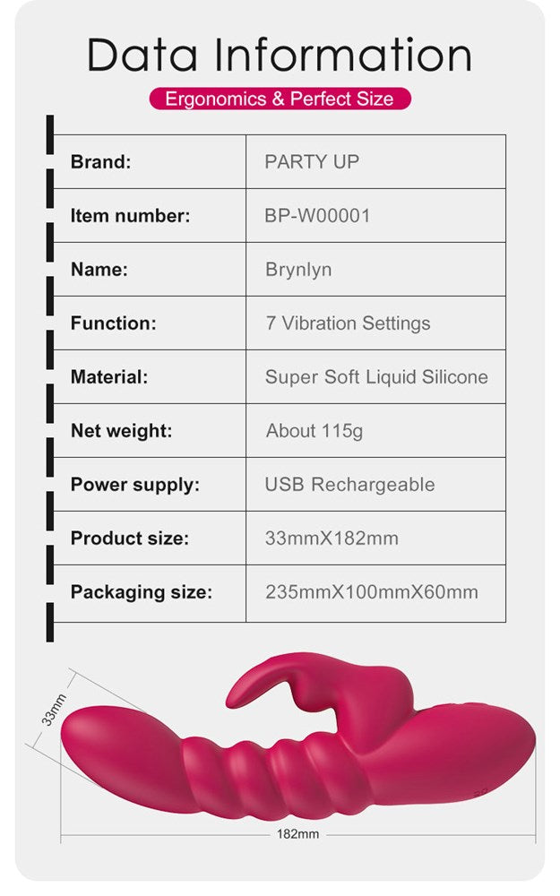 Party Up BRYNLYN USB Rechargeable Rabbit Vibrator with Dual Stimulation - - Rabbit Vibrators