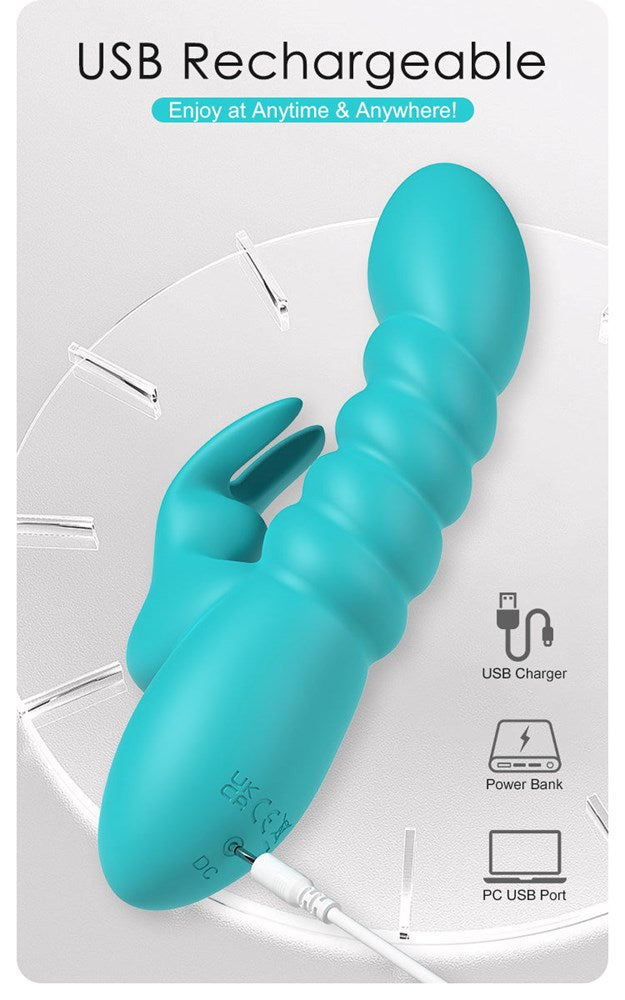 Party Up BRYNLYN USB Rechargeable Rabbit Vibrator with Dual Stimulation - Teal - Rabbit Vibrators