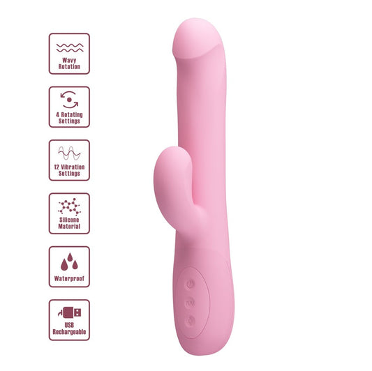 Party Up DEAN Wavy Rechargeable Rotating Rabbit Vibrator Dual Stimulation - Pink - Rabbit Vibrators