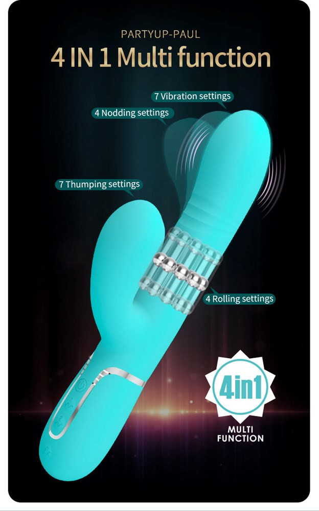 Party Up PAUL Rolling Beads Thrusting Rabbit Vibrator Multi Function Design - Teal - Rabbit Vibrators