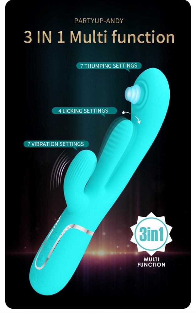 Party Up ANDY Multi Function Rabbit Vibrator Triple Action Tongue Stimulation - Teal - Rabbit Vibrators