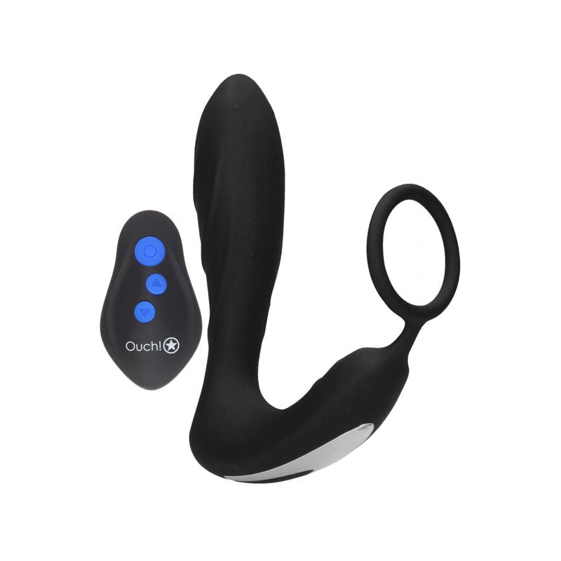 Shots Toys OUCH! E stim & Vibrating Butt Plug With Cock Ring Triple Stimulation - Black - Butt Plugs