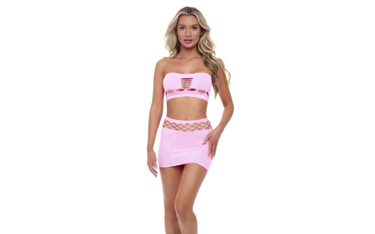 Pink Lipstick Net Worth Bandeau 2 Piece Mini Skirt Set OS Bold Pink Lingerie - Pink - Skirts And Club Wear