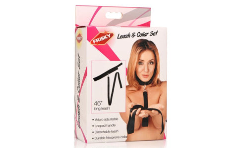 XR Brands Frisky Neoprene Collar And Leash Set Black BDSM Restraint - Collars and Leads
