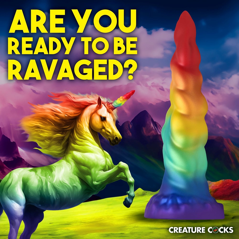 XR Brands Creature Cocks Magic Rider Unicorn Silicone Dildo with Rainbow Horn - - Realistic Dildos