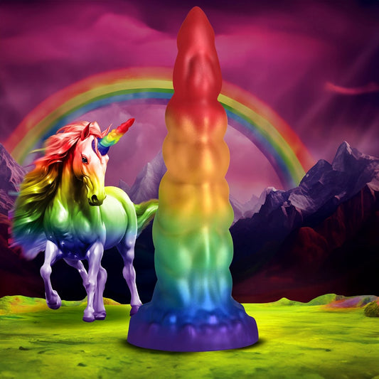 XR Brands Creature Cocks Magic Rider Unicorn Silicone Dildo with Rainbow Horn - Rainbow - Realistic Dildos
