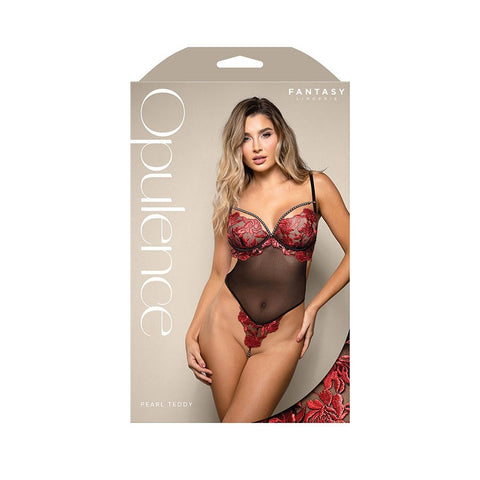 Fantasy Lingerie Opulence Floral Pearl Teddy Red Black - Teddies and Bodysuits