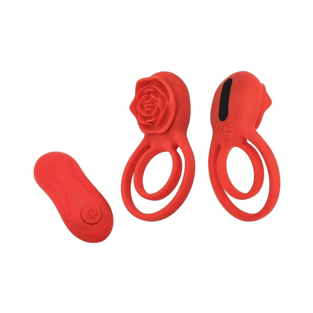 Adam & Eve Double Ring Vibrating Rose Cock Ring - Red - Vibrating Cock Rings