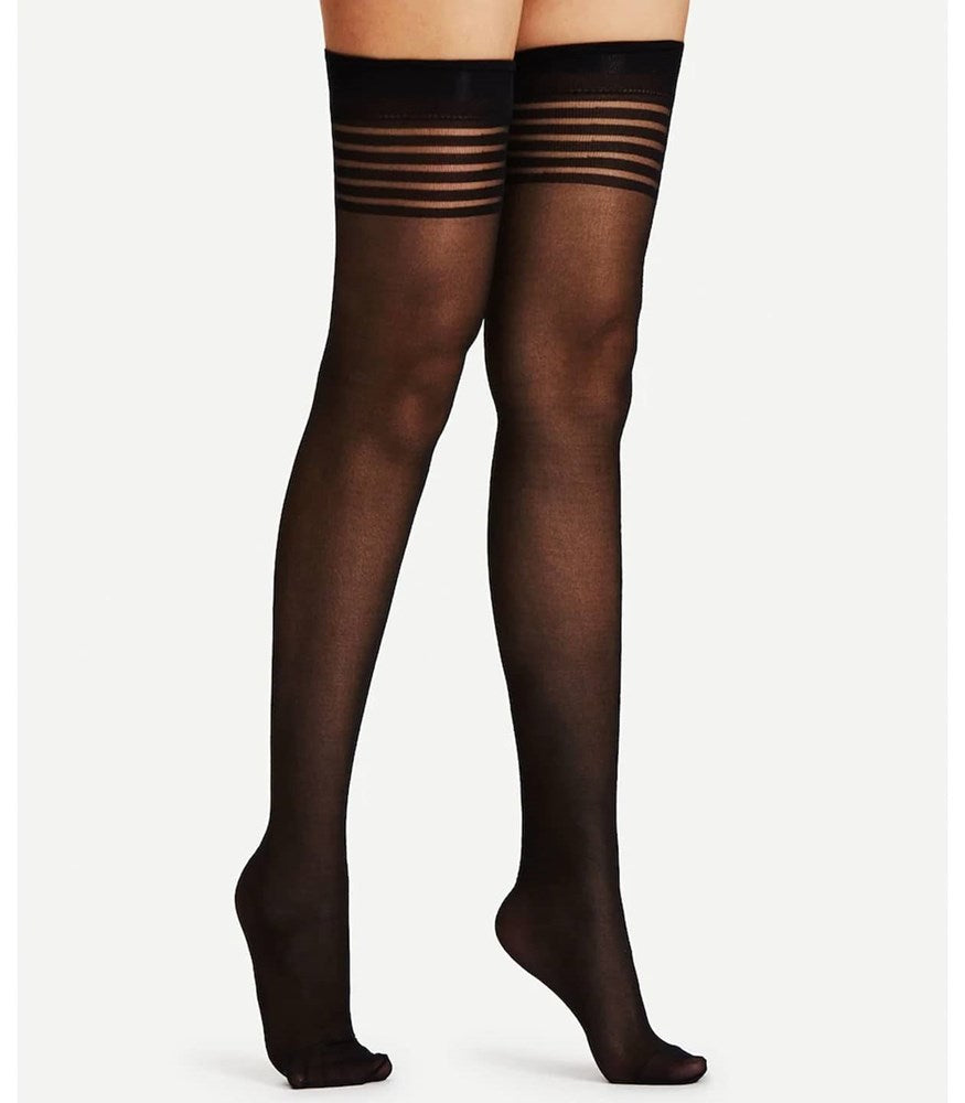 Love In Leather Sheer Thigh Highs With Band Top Seductive Black Hosiery - Default Title - Fishnet and Thigh Highs