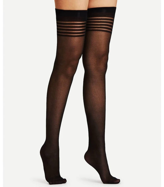 Love In Leather Sheer Thigh Highs With Band Top Seductive Black Hosiery - Default Title - Fishnet and Thigh Highs