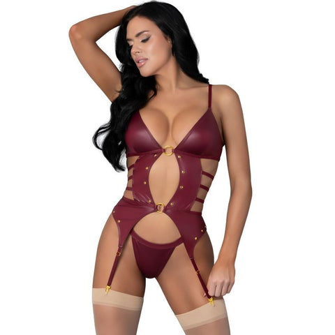 Exposed Lingerie Kira Burgundy Kiss Two Piece Set Leather Look Basque - Her Fetish