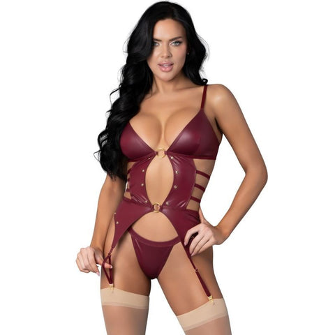 Exposed Lingerie Kira Burgundy Kiss Two Piece Set Leather Look Basque - Her Fetish