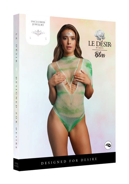 Shots Toys Le Desir Short Sleeve Tie Dye Teddy & Face Bling Sticker Fishnet - - Teddies and Bodysuits