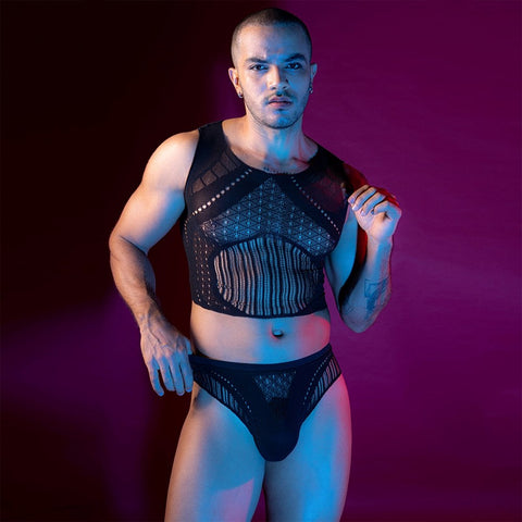 Love In Leather Mens Sleeveless Top & Briefs Set Stretch Knit Lingerie - Mens Briefs And Boxers