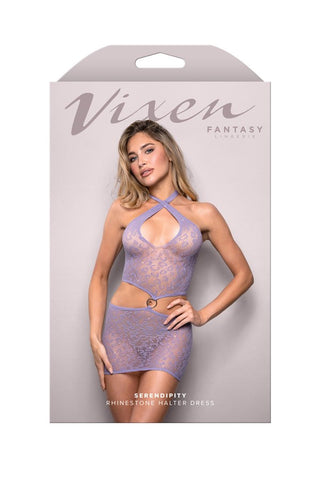 Fantasy Lingerie Vixen Serendipity Halter Dress OS Rhinestone Leopard Knit - Fancy Dress Ups