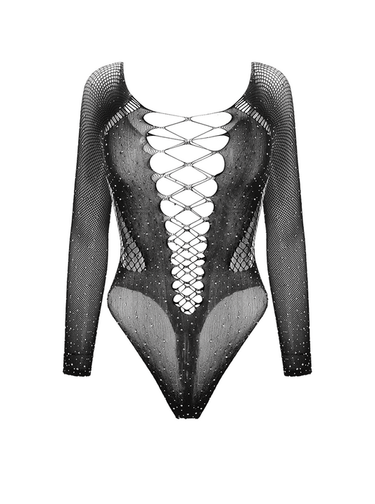 Love In Leather Rhinestone Sexy Womens Bodysuit - Black - Teddies and Bodysuits