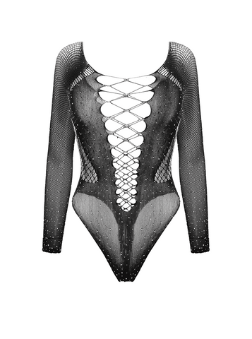 Love In Leather Rhinestone Sexy Womens Bodysuit Sparkling Long Sleeve Body - Teddies and Bodysuits