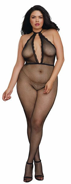 Dream Girl Lingerie Sexy Womens Fishnet Bodystocking Black with Plunging Halter - Body Stockings