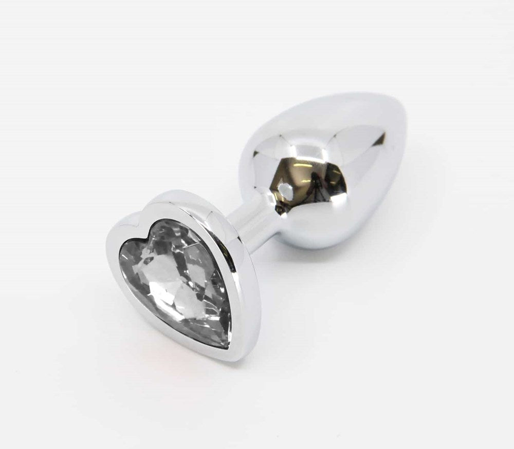 Love In Leather Metal Butt Plug With Heart Gem Large Aluminium Anal Sex Toy - Clear - Butt Plugs