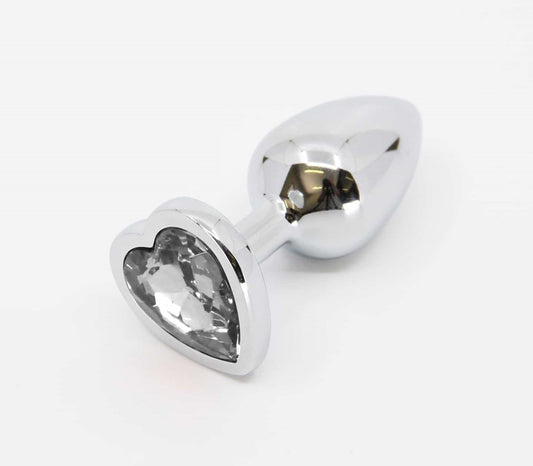 Love In Leather Metal Butt Plug With Heart Gem Large - Clear - Butt Plugs