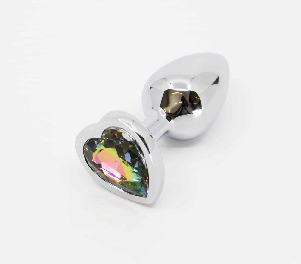 Love In Leather Butt Plug With Heart Gem Pride/Rainbow Rainbow Chrome Finish - - Butt Plugs