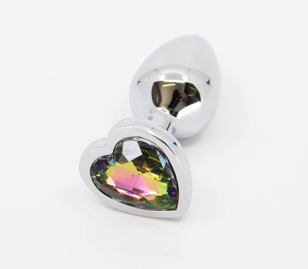 Love In Leather Butt Plug With Heart Gem Pride/Rainbow Rainbow Chrome Finish - - Butt Plugs