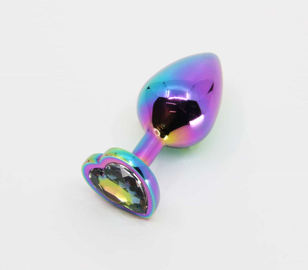 Love In Leather Butt Plug With Heart Gem Pride/Rainbow Rainbow Chrome Finish - Small - Butt Plugs