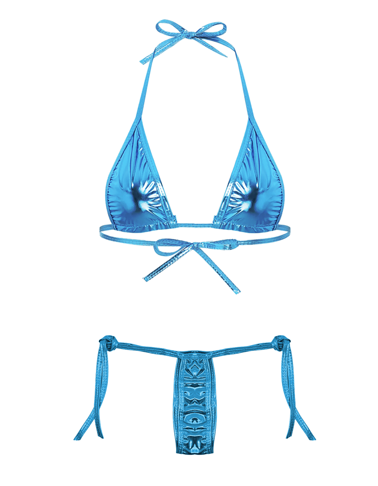 Love In Leather Sexy Metallic Micro Womens Bikini OS Metallic Tie Side - Blue - G-Strings, Panties and Shorts