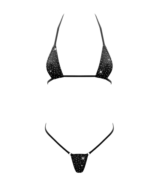 Love In Leather Rhinestone Embellished Micro Bikini OS - Black - G-Strings, Panties and Shorts