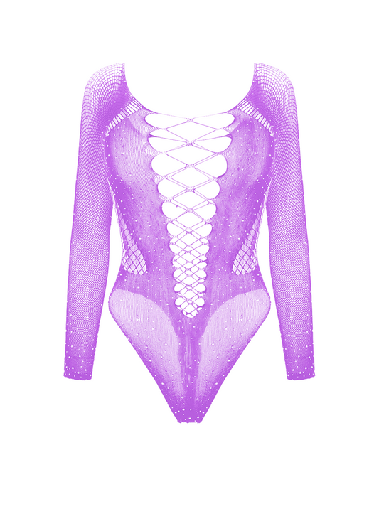 Love In Leather Sexy Extreme Plunge Rhinestone Bodysuits - Lilac - Teddies and Bodysuits