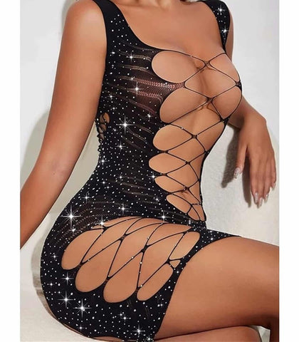 Love In Leather Sexy Womens Rhinestone Sleeveless Dress Stretch Knit - BabyDolls And Chemises