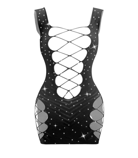 Love In Leather Sexy Womens Rhinestone Sleeveless Dress - Black - BabyDolls And Chemises