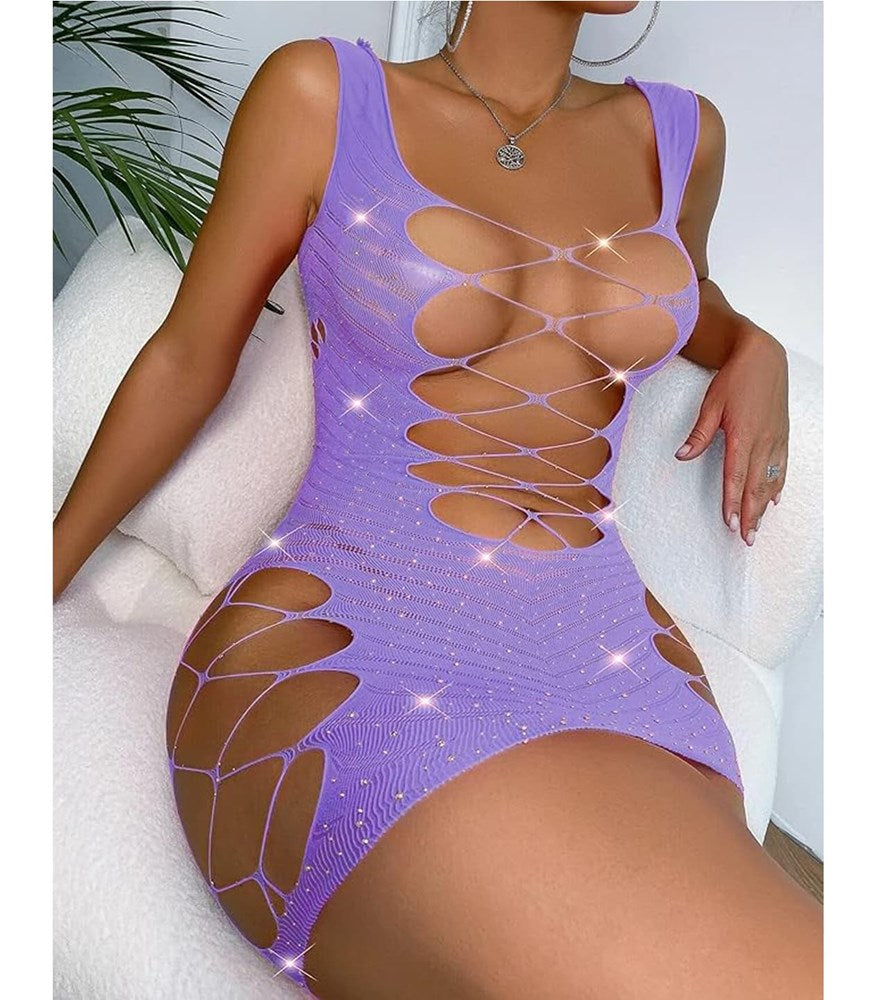 Love In Leather Sexy Womens Rhinestone Sleeveless Dress Stretch Knit - Lilac - BabyDolls And Chemises