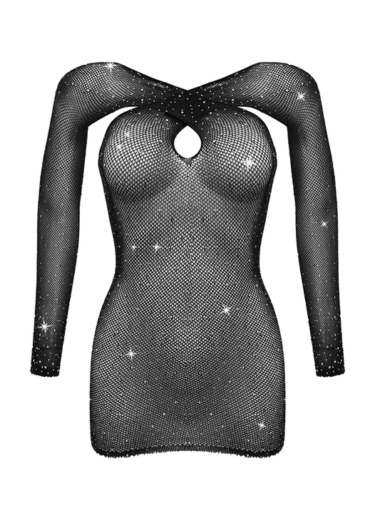 Love In Leather Long Sleeve Womens Rhinestone Dress - Black - Body Stockings