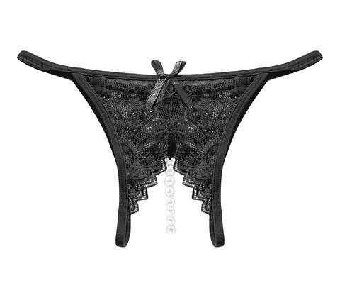 Love In Leather Crotchless Pearl Womens Panties with Pearl String Detail - G-Strings, Panties and Shorts