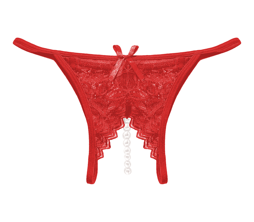 Love In Leather Crotchless Pearl Womens Panties with Pearl String Detail - Red - G-Strings, Panties and Shorts