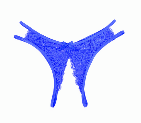 Love In Leather Full Lace Crotchless Lace Panties Blue Open Access Design - G-Strings, Panties and Shorts