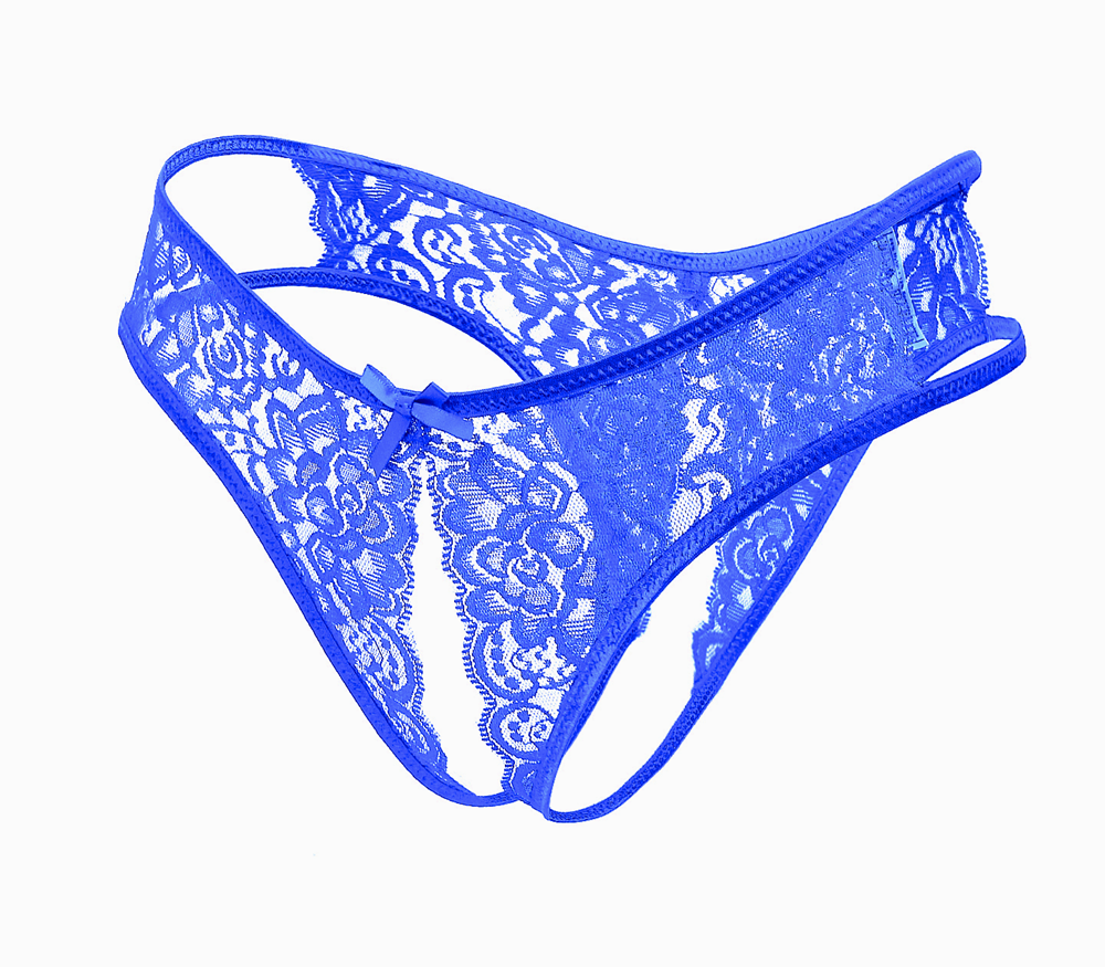 Love In Leather Full Lace Crotchless Lace Panties Blue Open Access Design - Small - G-Strings, Panties and Shorts