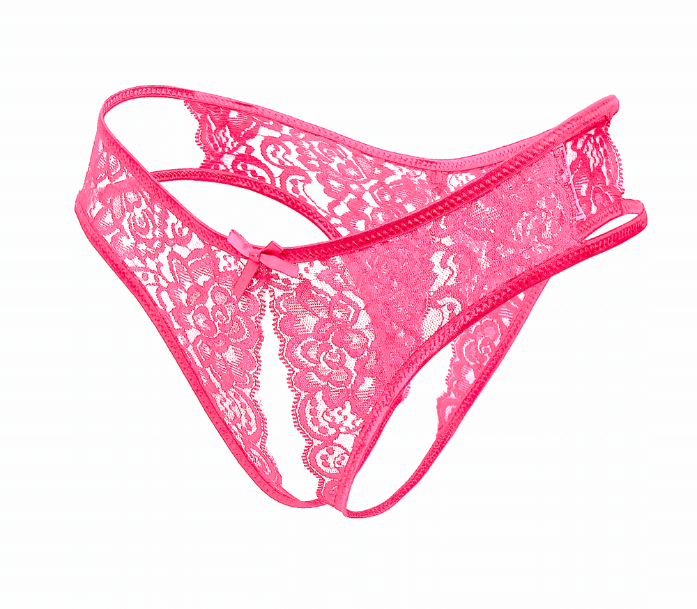 Love In Leather Full Lace Crotchless Lace Panties Hot Pink Open Access Design - - G-Strings, Panties and Shorts
