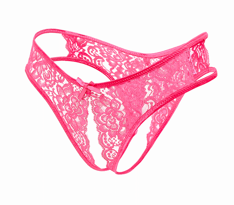 Love In Leather Full Lace Crotchless Lace Panties Hot Pink Open Access Design - G-Strings, Panties and Shorts