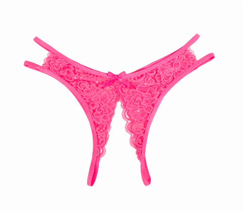 Love In Leather Full Lace Crotchless Lace Panties Hot Pink Open Access Design - G-Strings, Panties and Shorts