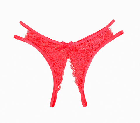 Love In Leather Full Lace Crotchless Lace Panties Red Open Access - G-Strings, Panties and Shorts
